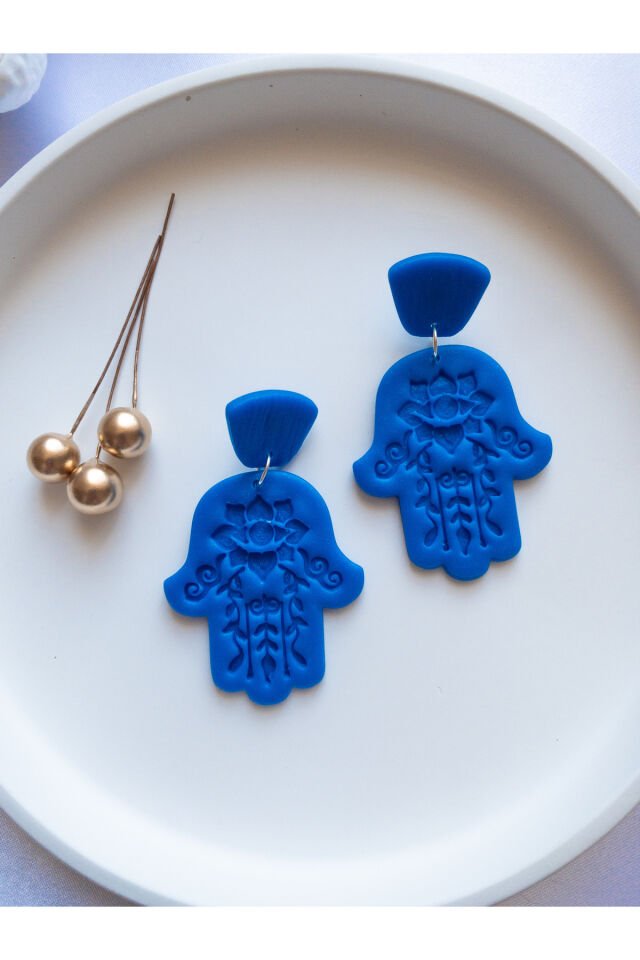 Özel Tasarım Polimer Kil Desenli Mavi Fatmanın Eli Küpe