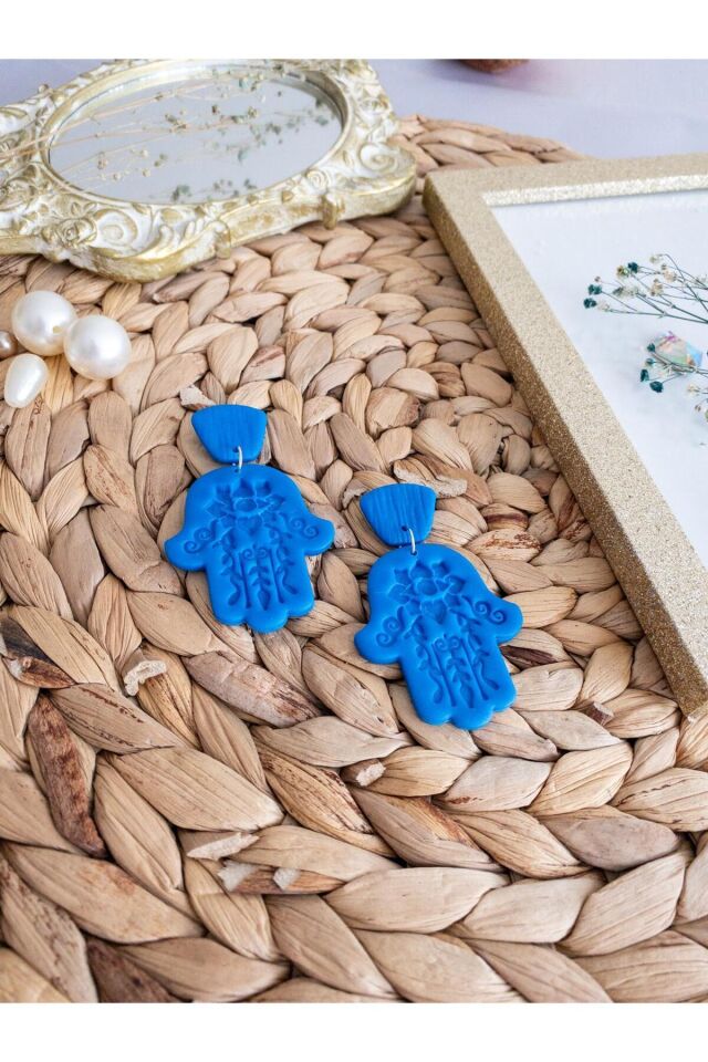 Özel Tasarım Polimer Kil Desenli Mavi Fatmanın Eli Küpe