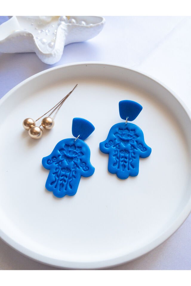 Özel Tasarım Polimer Kil Desenli Mavi Fatmanın Eli Küpe