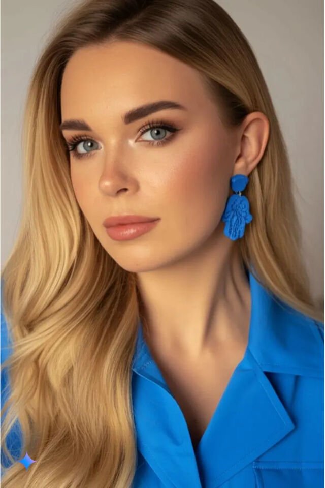 Özel Tasarım Polimer Kil Desenli Mavi Fatmanın Eli Küpe