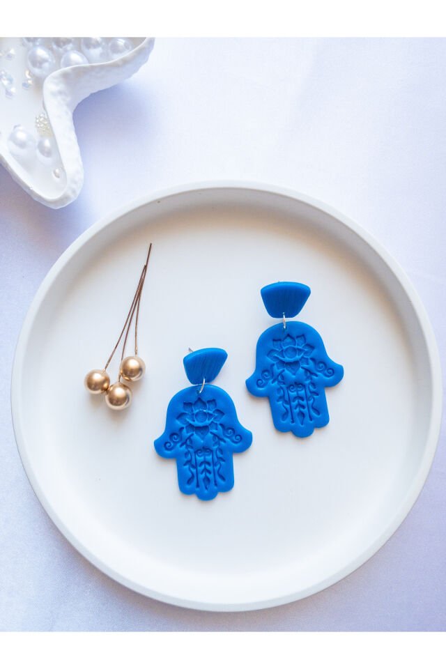 Özel Tasarım Polimer Kil Desenli Mavi Fatmanın Eli Küpe