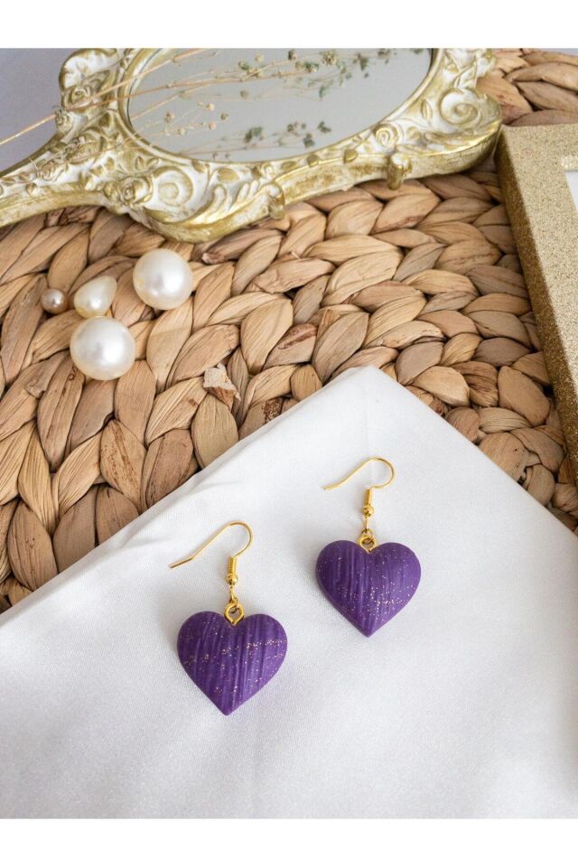 Özel Tasarım Polimer Kil Simli Mor Kalp Küpe