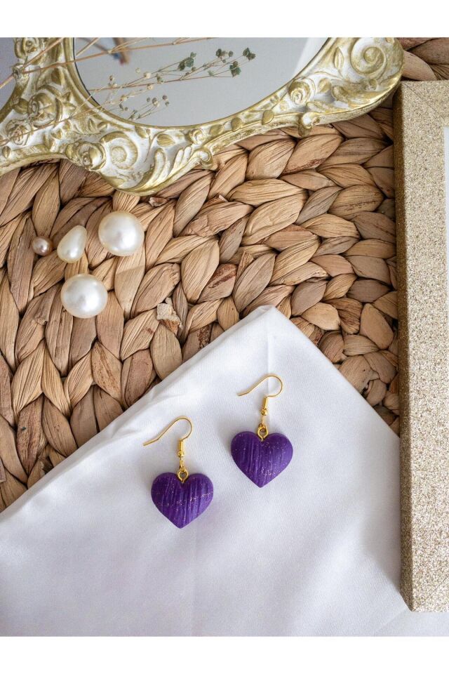 Özel Tasarım Polimer Kil Simli Mor Kalp Küpe