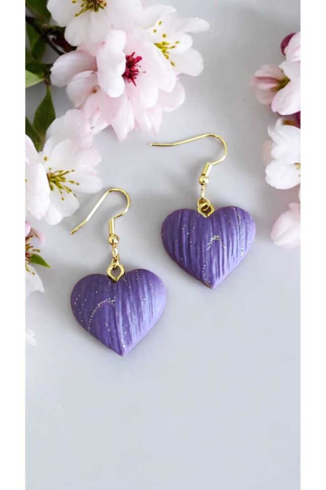 Özel Tasarım Polimer Kil Simli Mor Kalp Küpe