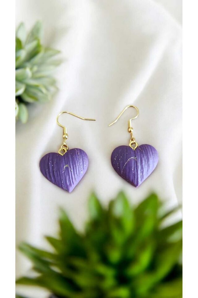 Özel Tasarım Polimer Kil Simli Mor Kalp Küpe