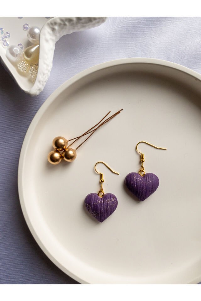 Özel Tasarım Polimer Kil Simli Mor Kalp Küpe