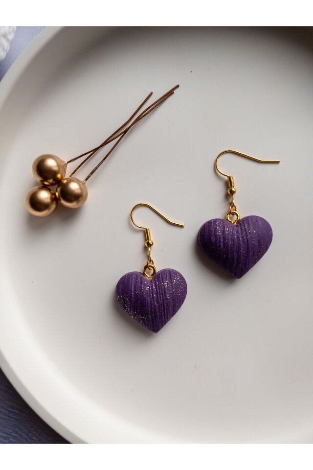 Özel Tasarım Polimer Kil Simli Mor Kalp Küpe