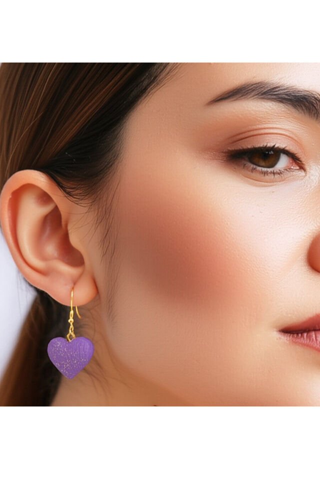 Özel Tasarım Polimer Kil Simli Mor Kalp Küpe