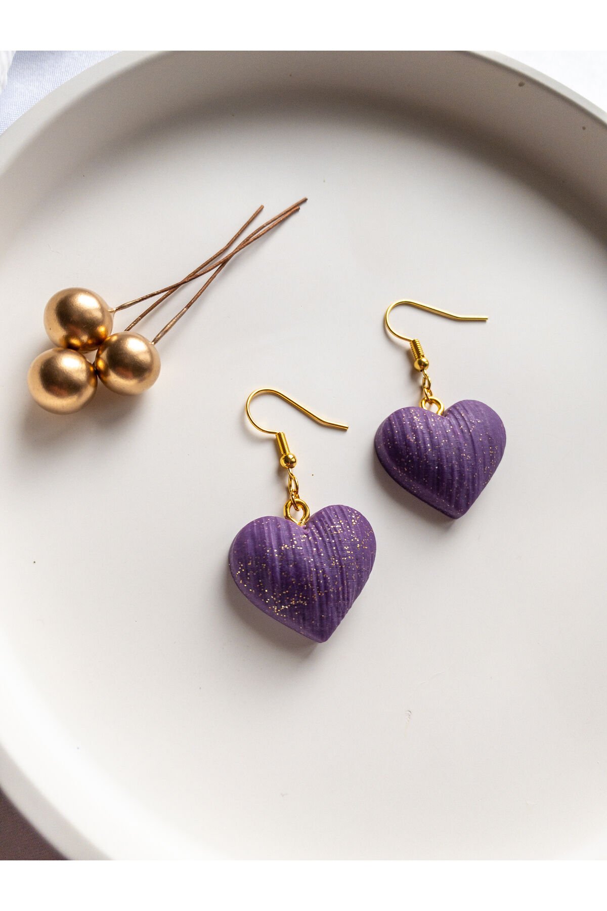 Özel Tasarım Polimer Kil Simli Mor Kalp Küpe