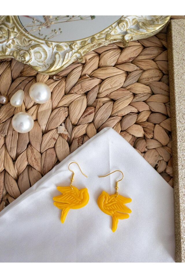 Özel Tasarım Polimer Kil Sarı Kuş Küpe