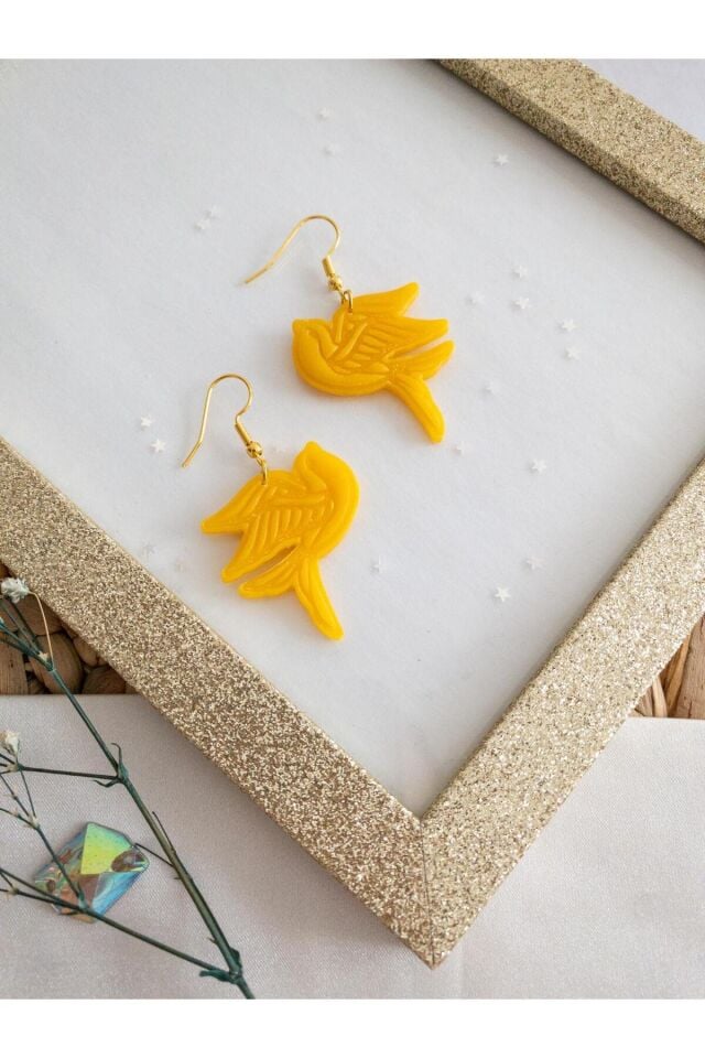 Özel Tasarım Polimer Kil Sarı Kuş Küpe