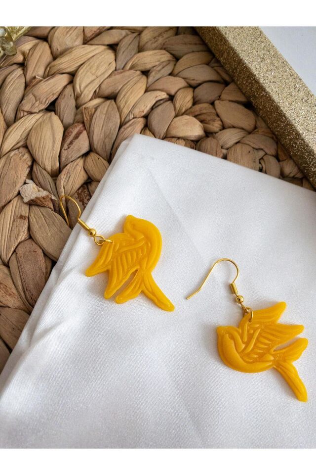 Özel Tasarım Polimer Kil Sarı Kuş Küpe