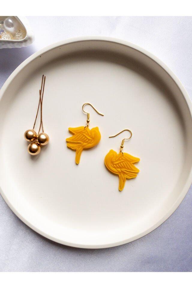 Özel Tasarım Polimer Kil Sarı Kuş Küpe