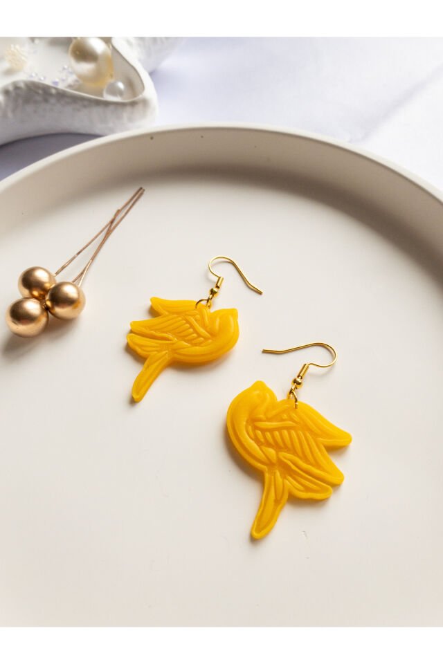 Özel Tasarım Polimer Kil Sarı Kuş Küpe