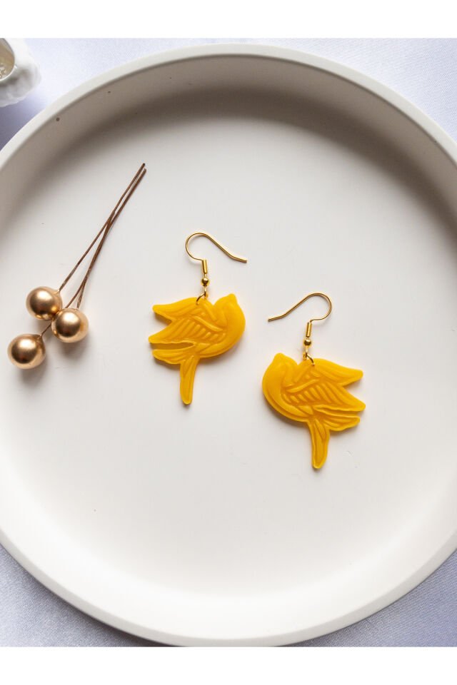 Özel Tasarım Polimer Kil Sarı Kuş Küpe