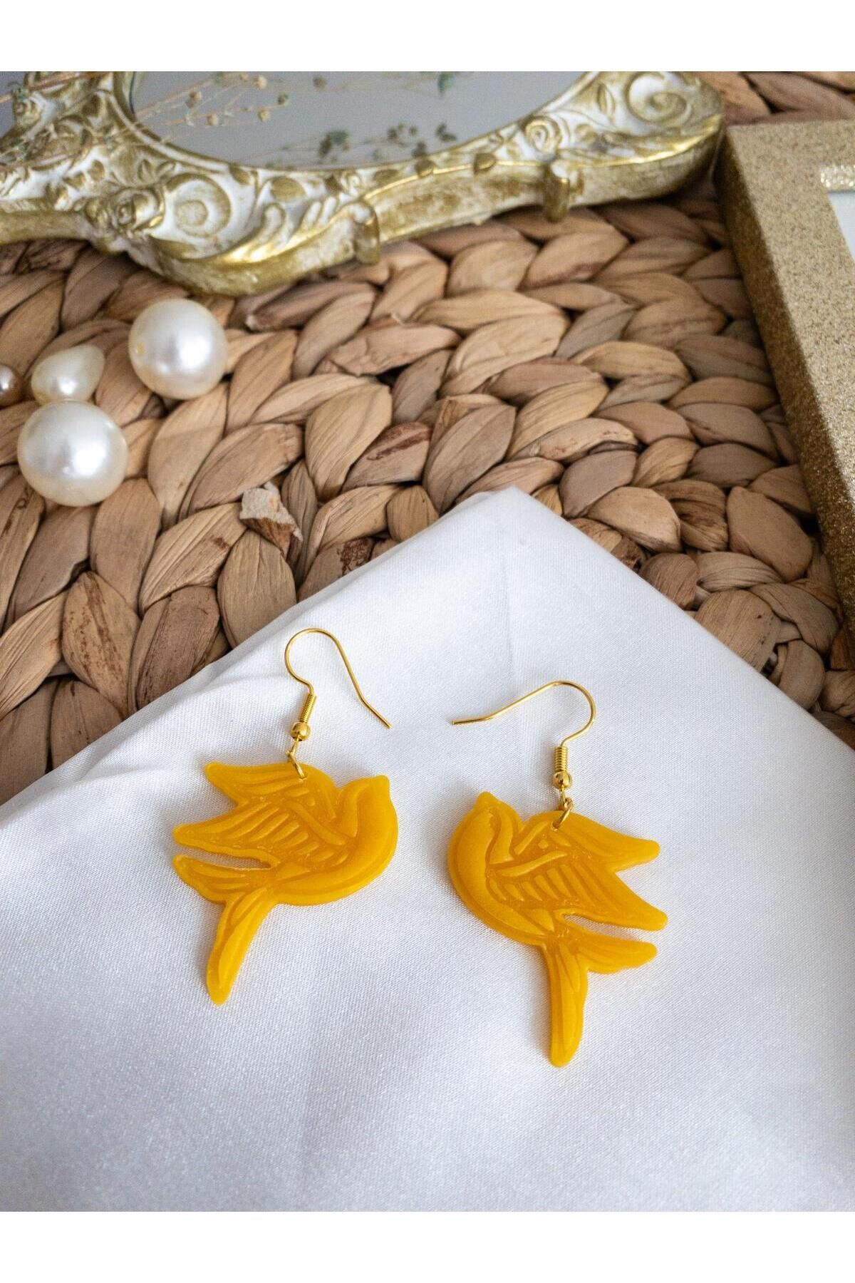 Özel Tasarım Polimer Kil Sarı Kuş Küpe