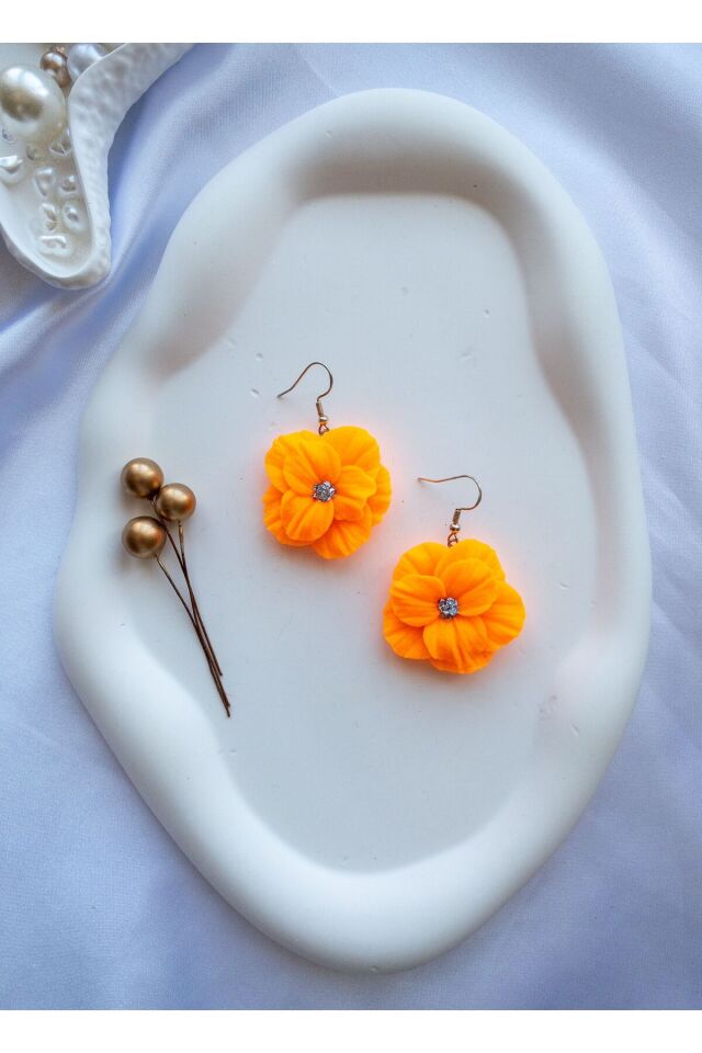 Özel Tasarım Neon Turuncu Polimer Kil Sallantılı Çiçek Küpe