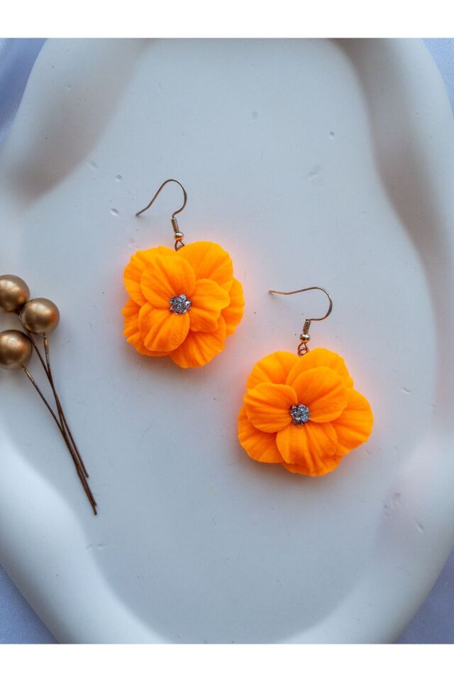 Özel Tasarım Neon Turuncu Polimer Kil Sallantılı Çiçek Küpe