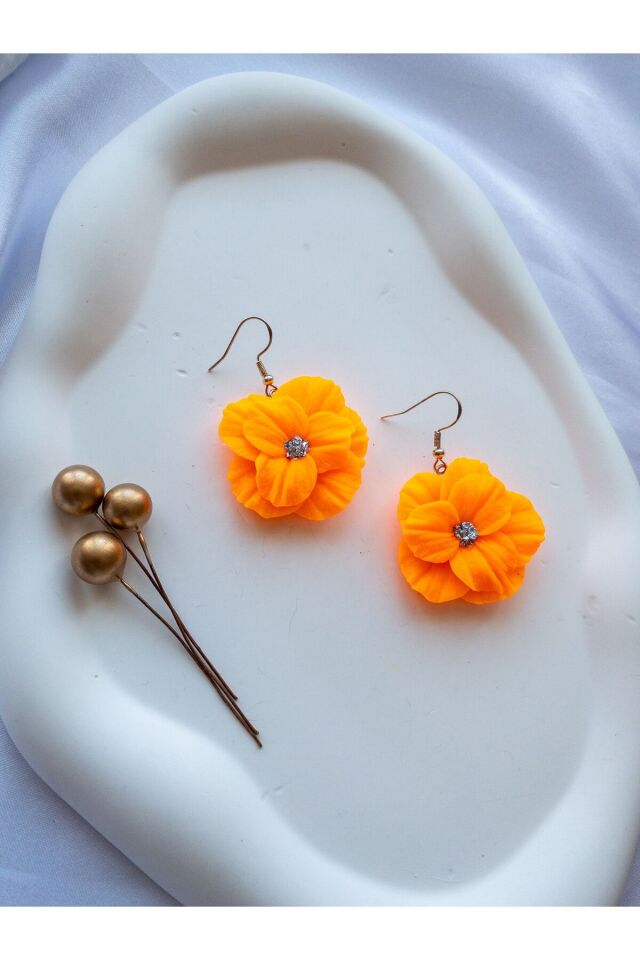 Özel Tasarım Neon Turuncu Polimer Kil Sallantılı Çiçek Küpe