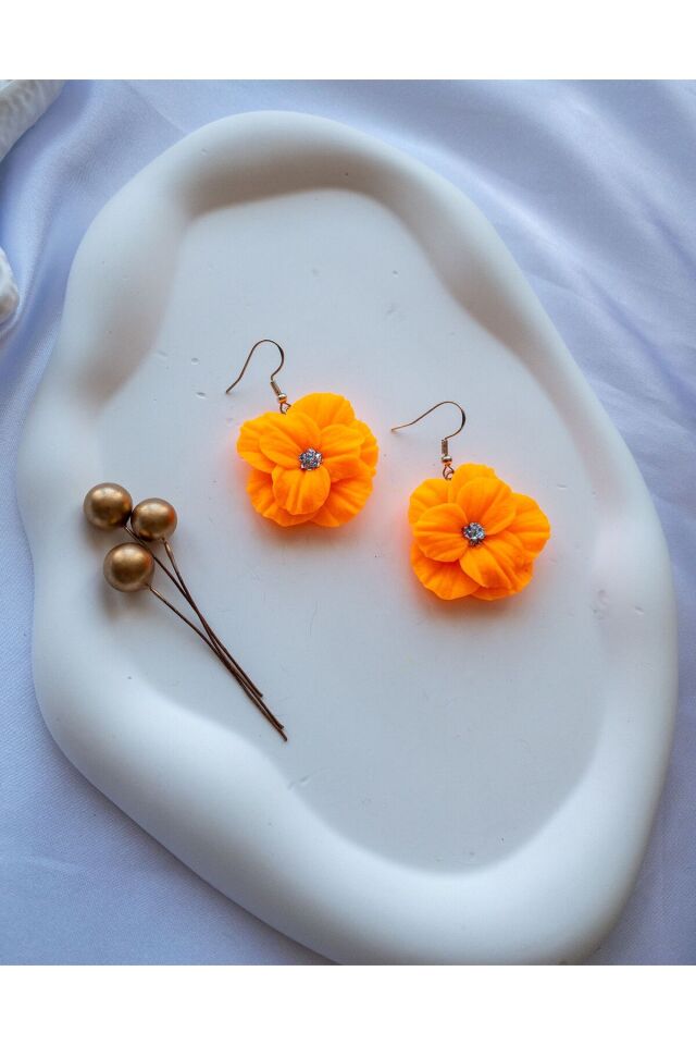 Özel Tasarım Neon Turuncu Polimer Kil Sallantılı Çiçek Küpe