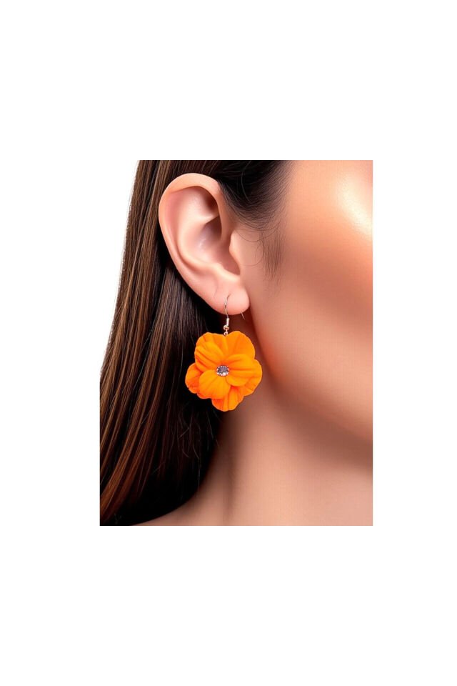 Özel Tasarım Neon Turuncu Polimer Kil Sallantılı Çiçek Küpe