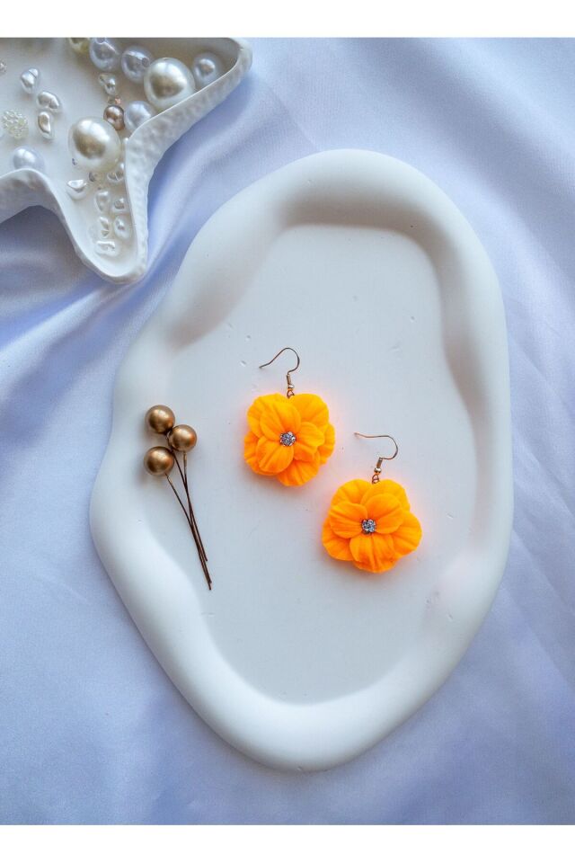 Özel Tasarım Neon Turuncu Polimer Kil Sallantılı Çiçek Küpe