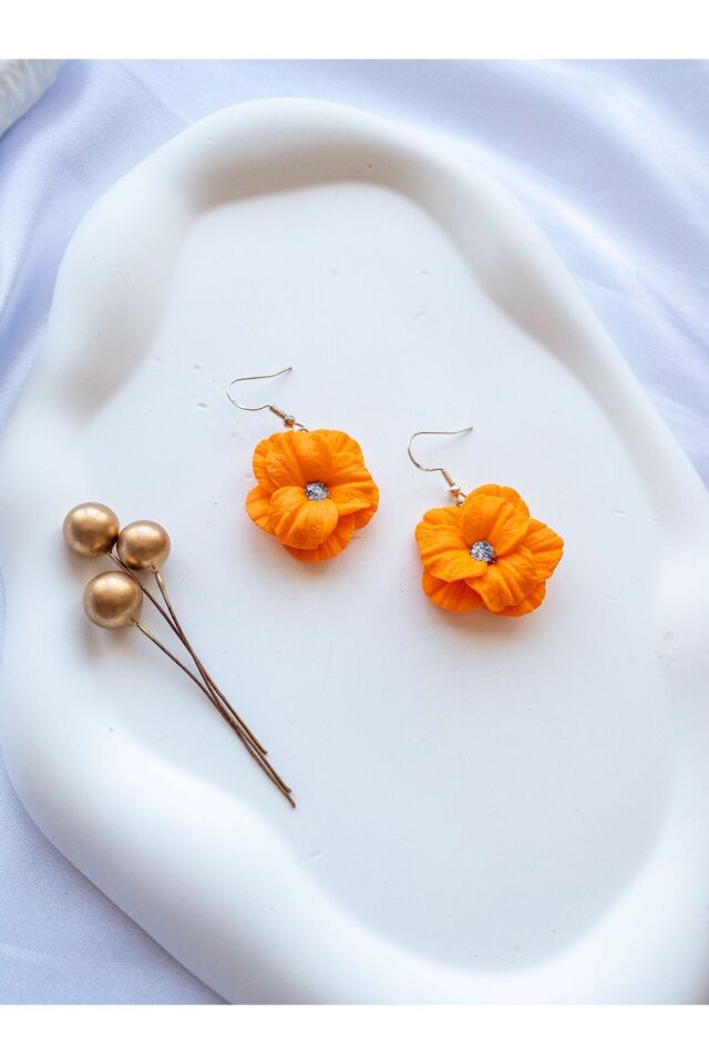 Özel Tasarım Turuncu Polimer Kil Sallantılı Çiçek Küpe