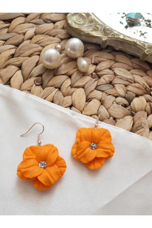 Özel Tasarım Turuncu Polimer Kil Sallantılı Çiçek Küpe