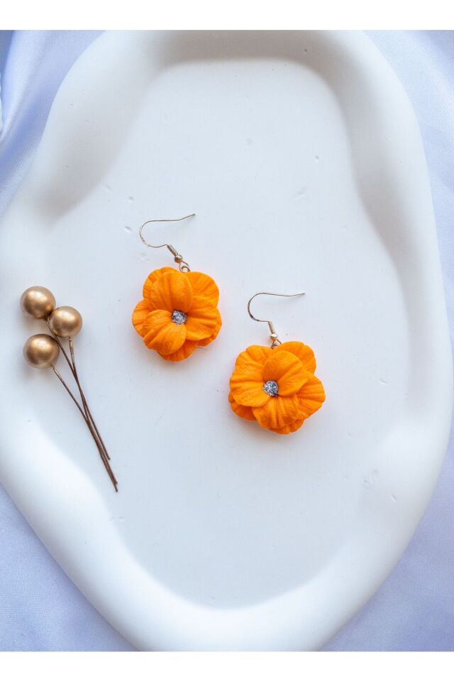 Özel Tasarım Turuncu Polimer Kil Sallantılı Çiçek Küpe