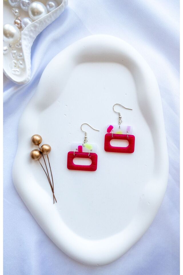 Özel Tasarım Transparan Polimer Kil Üzeri Pembe ve Yeşil Dikdörtgen Küpe