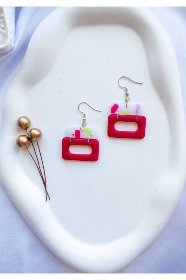 Özel Tasarım Transparan Polimer Kil Üzeri Pembe ve Yeşil Dikdörtgen Küpe