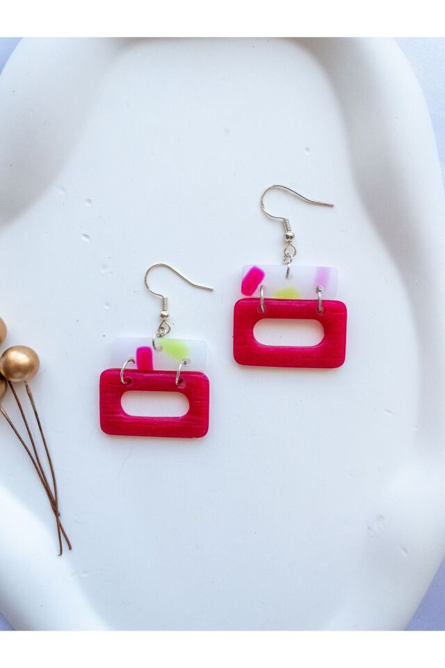 Özel Tasarım Transparan Polimer Kil Üzeri Pembe ve Yeşil Dikdörtgen Küpe