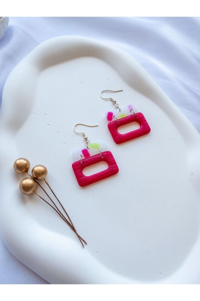 Özel Tasarım Transparan Polimer Kil Üzeri Pembe ve Yeşil Dikdörtgen Küpe