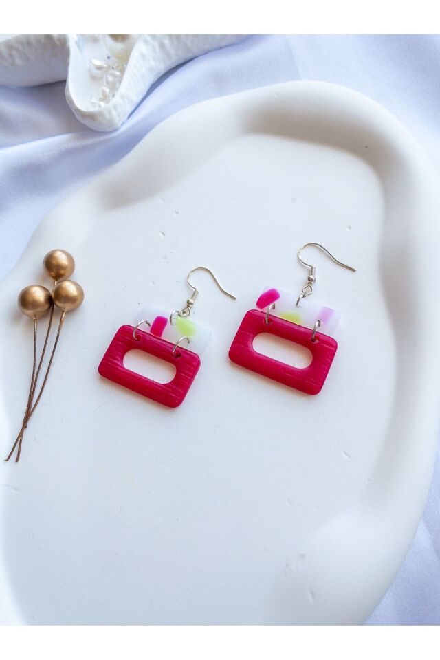 Özel Tasarım Transparan Polimer Kil Üzeri Pembe ve Yeşil Dikdörtgen Küpe