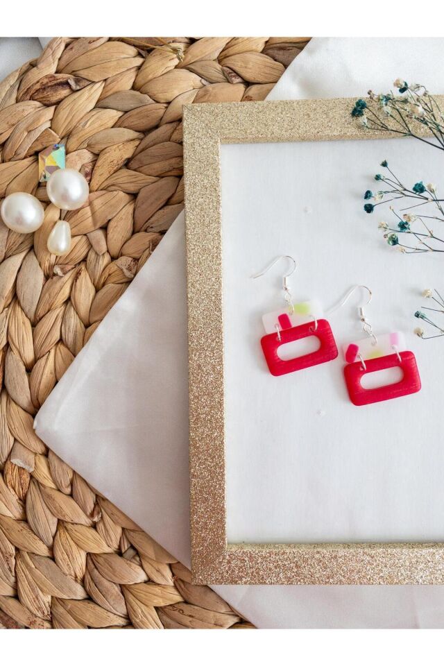 Özel Tasarım Transparan Polimer Kil Üzeri Pembe ve Yeşil Dikdörtgen Küpe