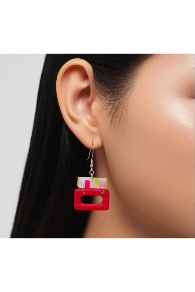 Özel Tasarım Transparan Polimer Kil Üzeri Pembe ve Yeşil Dikdörtgen Küpe