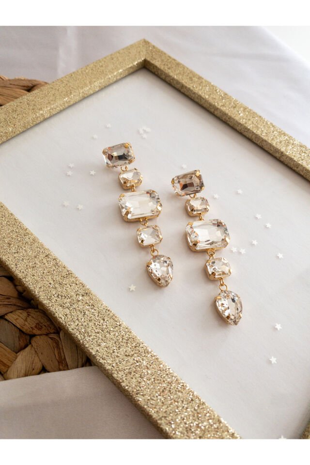 Beyaz Kristal Baget Taşlı Küpe