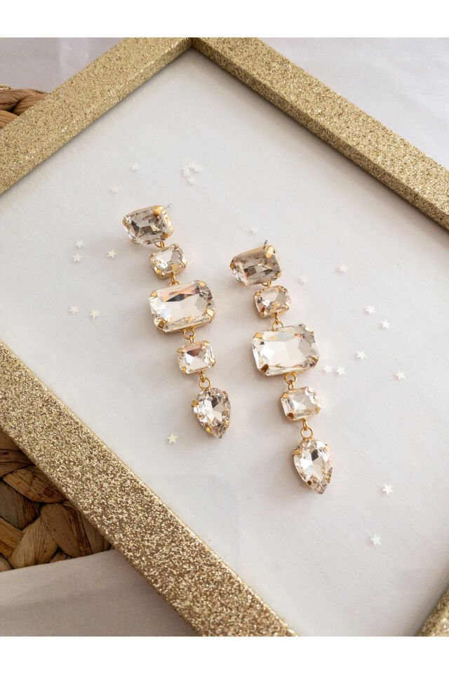 Beyaz Kristal Baget Taşlı Küpe