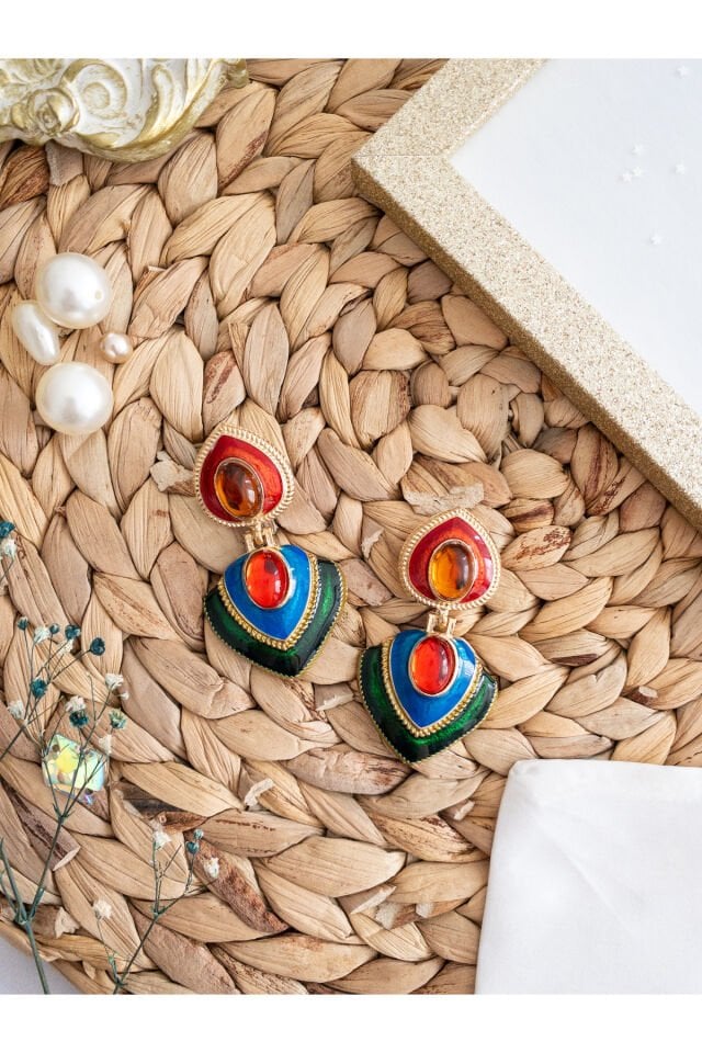 Renkli Kalp Retro Küpe