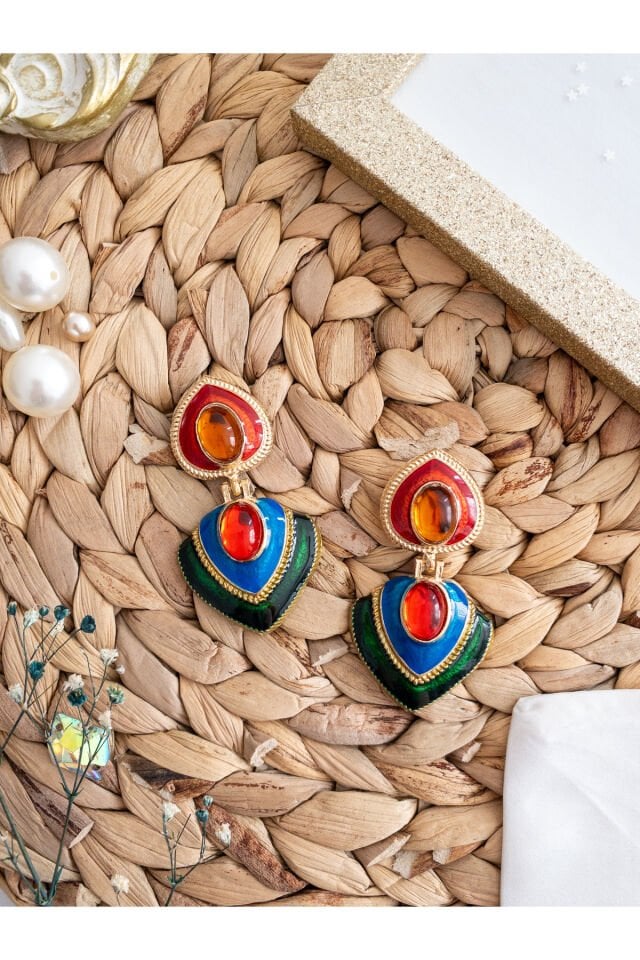 Renkli Kalp Retro Küpe