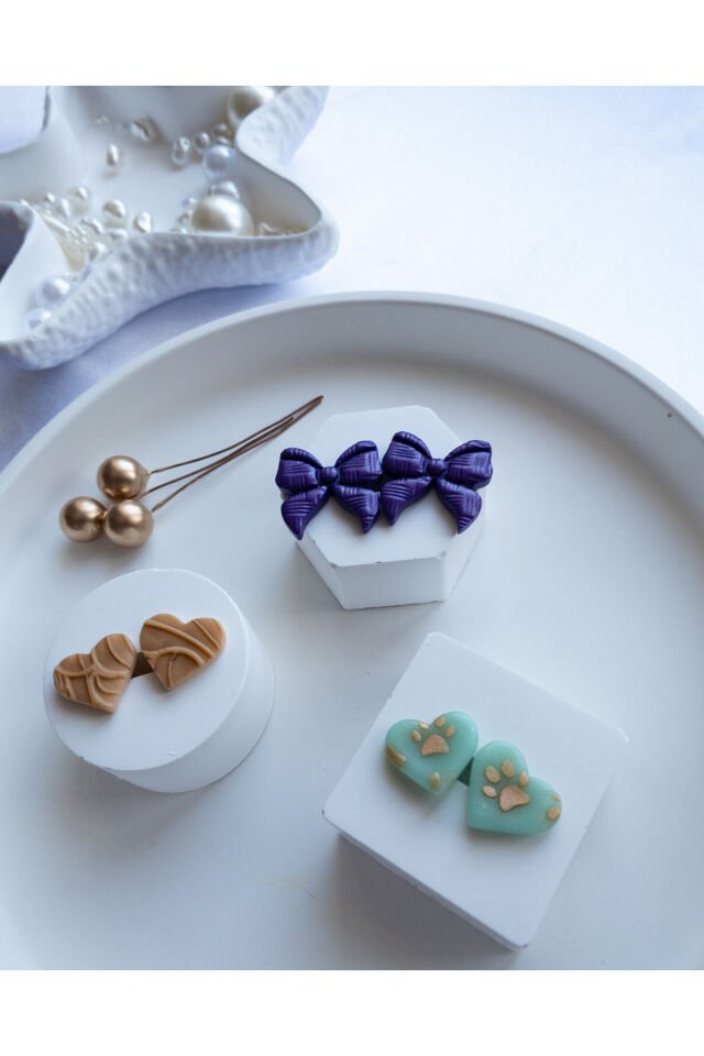 Özel Tasarım Polimer Kil Kalpli ve Fiyonklu Küpe Seti