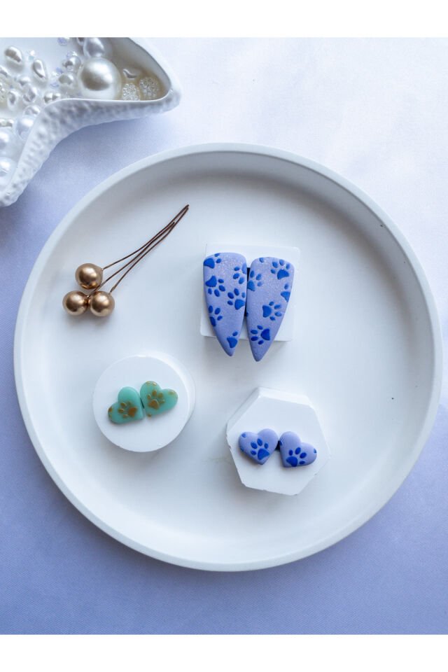 Özel Tasarım Simli Mor ve Transparan Turkuaz Polimer Kil Pati Desen Küpe Seti