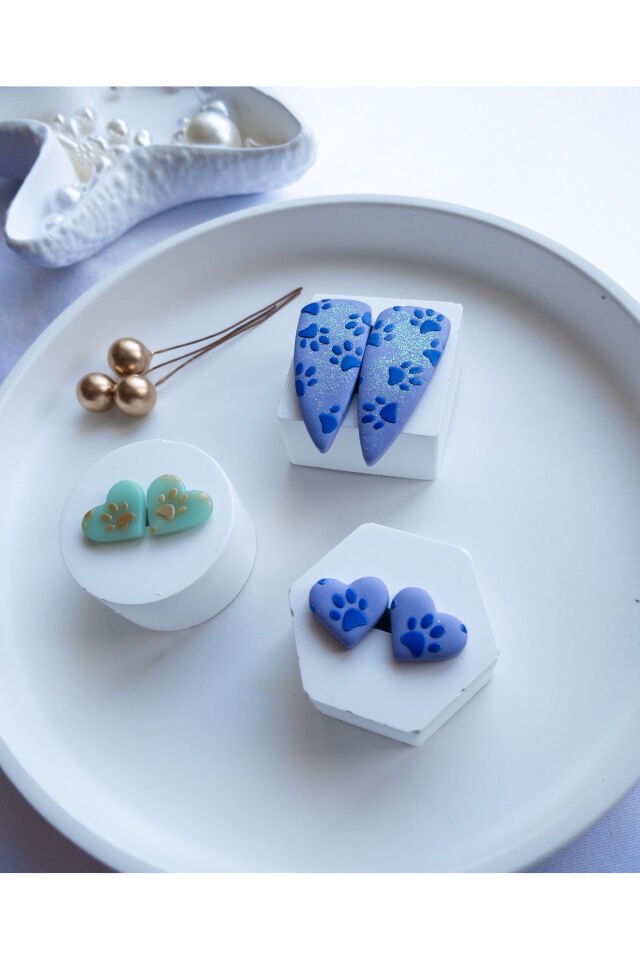 Özel Tasarım Simli Mor ve Transparan Turkuaz Polimer Kil Pati Desen Küpe Seti