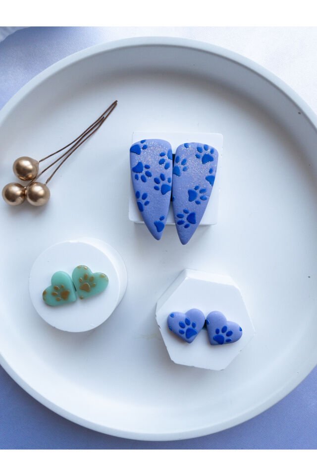 Özel Tasarım Simli Mor ve Transparan Turkuaz Polimer Kil Pati Desen Küpe Seti