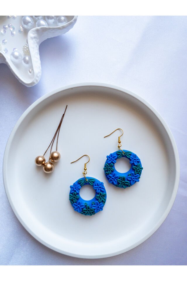 Özel Tasarım Polimer Kil Mavi Yeşil Çiçek Detaylı Halka Küpe