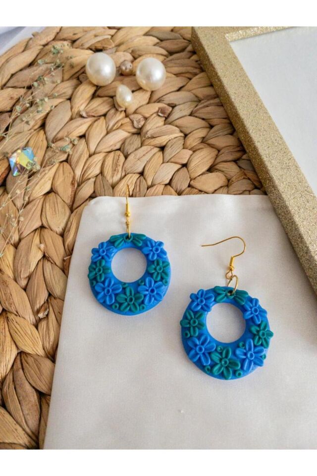 Özel Tasarım Polimer Kil Mavi Yeşil Çiçek Detaylı Halka Küpe