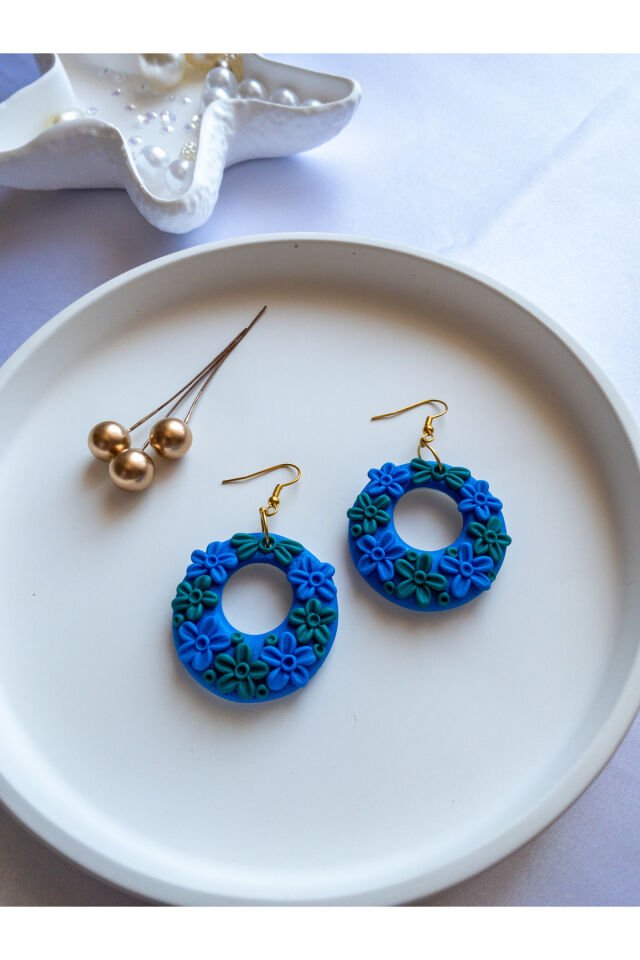 Özel Tasarım Polimer Kil Mavi Yeşil Çiçek Detaylı Halka Küpe