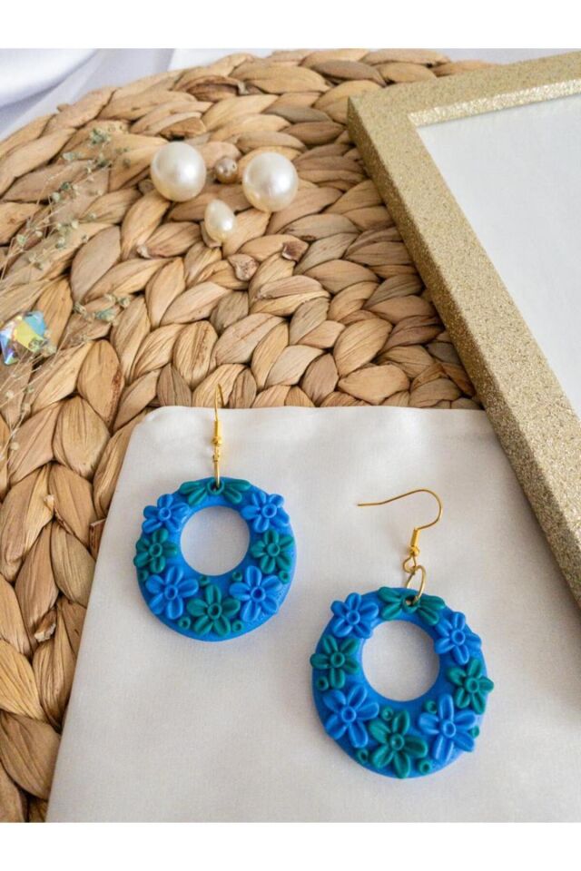 Özel Tasarım Polimer Kil Mavi Yeşil Çiçek Detaylı Halka Küpe