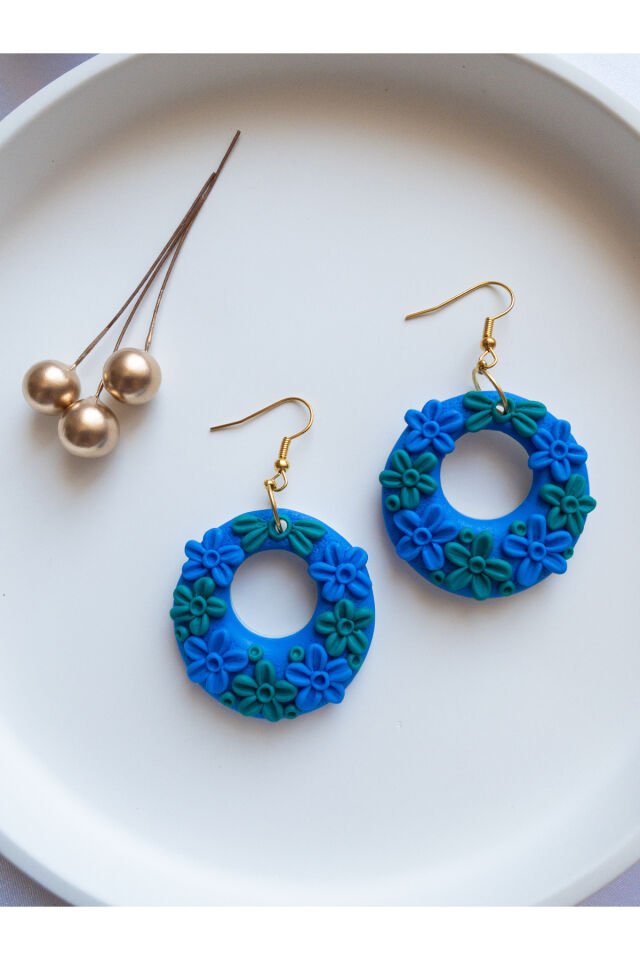 Özel Tasarım Polimer Kil Mavi Yeşil Çiçek Detaylı Halka Küpe