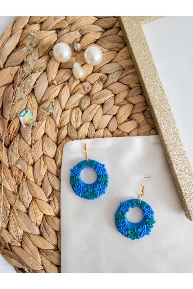 Özel Tasarım Polimer Kil Mavi Yeşil Çiçek Detaylı Halka Küpe